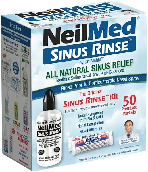 NeilMed Sinus Rinse - 2x8fl oz Bottles Nasamist Saline Spray 75mL - 250 packets