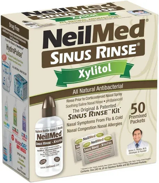 NEILMED Drug Free Sinus Rinse Kit W/Xylitol Nasal Rinse System-50 Ct-Exp. 08/25