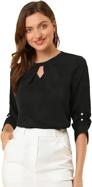 Allegra K Women's Dressy Shirt Work Office Top Keyhole Pleated Front Ruched 3/4 Sleeve Chiffon Blouse