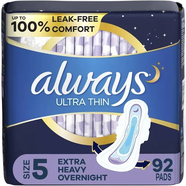 Always Ultra Thin Feminine Pads for Women, Size 5, Extra Heavy, Overnight Absorbency with Wings, 46 Count x 2 (92 Count Total)