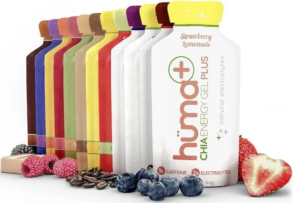 Huma Plus (Double Electrolytes) - Chia Energy Gel Berries & Pomegranate 12 Gels - Stomach Friendly Real Food Energy Gels