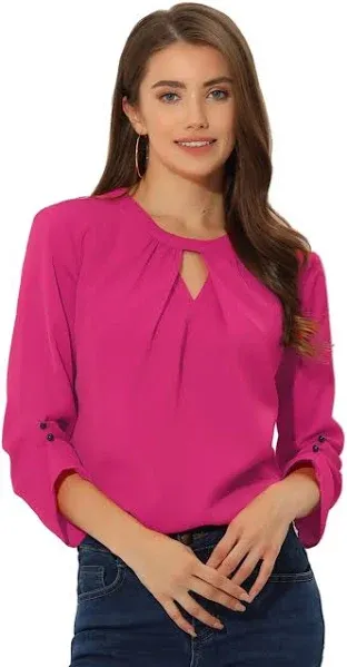 Allegra K Women's Office Keyhole Pleated Front Ruched 3/4 Sleeve Chiffon Blouse