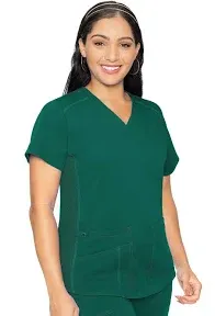 Med Couture V-Neck Scrub Top for Women with 4 Pockets, Rib-Knit Side Panel, and Shirttail Hem MC7459