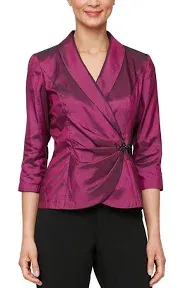 Alex Evenings Women's 34 Sleeve Collared V-Neck Taffeta Blouse