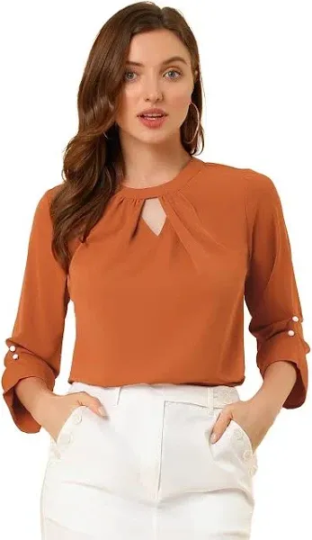 Office Keyhole Pleated 3/4 Sleeve Chiffon Blouse