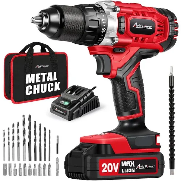 Avid Power Drill Set Cordless 20V Electric Drill with Battery and Fast Charger, Variable Speed, 23+1 Torque Setting, 23pcs Accessories Drill Kit, Hand ACD326