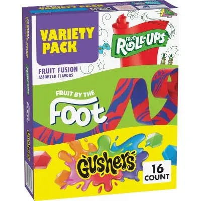 Fruit Roll-Ups, Fruit by the Foot, Gushers, Snacks Variety Pack, 16 ct (Pack-2)