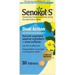 Senokot-S Laxative Ingredient + Stool Softener, Natural Vegetable, Dual Action, Tablets - 30 tablets