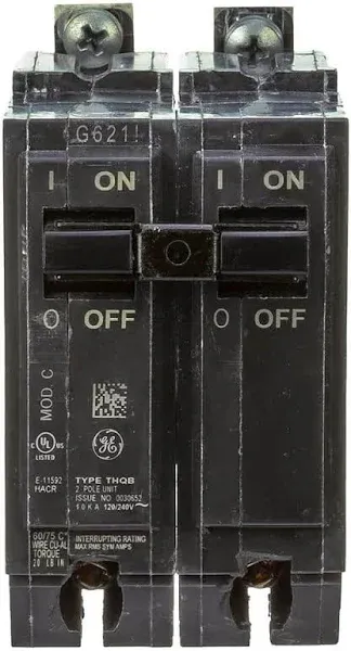 GE THQB2120 Circuit Breaker, 20A, Bolt On, 120/240V, 2P