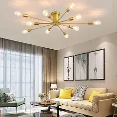 Garwarm 10 Lights Modern Sputnik Ceiling Chandelier Gold Industrial Ceiling Lamp Mid Century Semi Flush Mount Ceiling Light Fixture for Kitchen Dining Room Living Room Bedroom Foyer Lighting