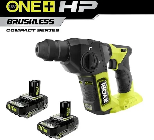 RYOBI ONE+ HP 18V Brushless Cordless Compact 5/8 in. SDS Rotary Hammer with (2) 2.0 Ah HIGH PERFORMANCE Batteries PSBRH01B-PBP2003