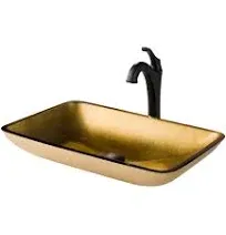 KRAUS 22-inch Rectangular Gold Glass Bathroom Vessel Sink and Matte Black Arlo Faucet Combo Set with Pop-Up Drain, C-GVR-210-RE-1200MB