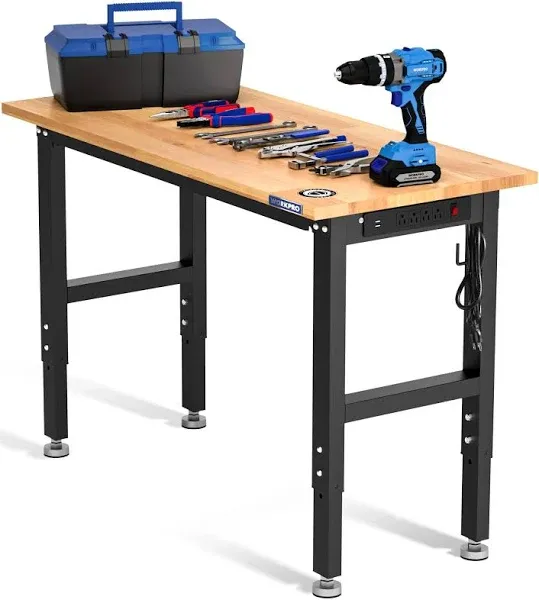 WORKPRO Garage Workbench, 48"X22" Adjustable Workbench with Wheels, Rubber Wood Top Heavy-Duty Workstation with Power Outlets, 1000 LBS Stationary Load Capacity, for Workshop, Garage, Office, Home