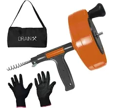 DrainX Pro Heavy Duty 50-Ft Drain Auger, Work Gloves, bag and drill attachment