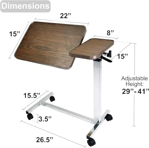 Vaunn Medical Adjustable Tilt Overbed Bedside Table with Wheels for Hospital and Home Use