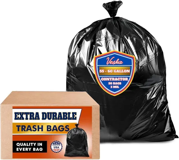 55 Gallon Trash Bags 55-60 Gallon Trash Bags Heavy Duty 50 COUNT - Large Blac...