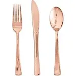 FOCUSLINE 75 Pack Rose Gold Plastic Silverware Disposable Cutlery Set - 25 Forks, 25 Knives, 25 Spoons - Disposable Flatware Heavy Duty Plastic