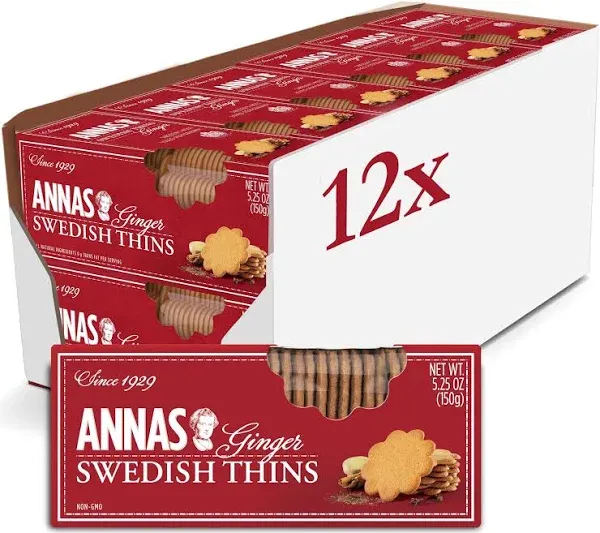 Annas Thins - Ginger Pepparkakor - 5.25 Ounce Pack of 12 non GMO + Vegan