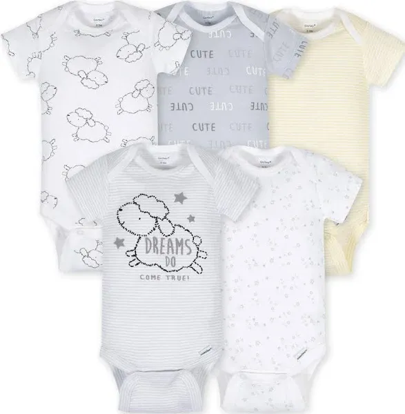 NWT Gerber 5-Pack Baby Neutral Lamb Short Sleeve Onesies Bodysuits 6-9m