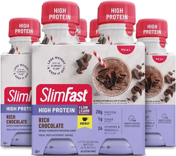 SlimFast Advanced Energy High Protein Meal Replacement Shake, Rich Chocolate, 20g of Ready to Drink Protein with Caffeine, 11 Fl. Oz Bottle, 4 Count (Packaging May Vary)