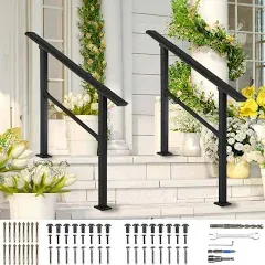 LOVMOR 2 Pack 3 Step Hand Rails for Outdoor Steps, Wrought Iron Railing, Exterior Hand Railing for Steps, Porch Railing Kit (2-3 Steps Handrail)