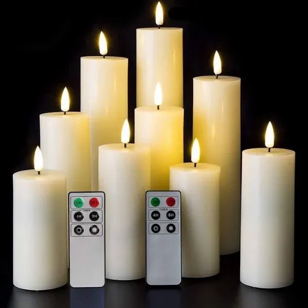 Eywamage Realistic Ivory Slim Flameless Pillar Candes with Remote, Real Wax Flickering Tall LED Battery Fireplace Candles Set of 9