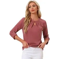 Allegra K Women's Office Keyhole Pleated Front Ruched 3/4 Sleeve Chiffon Blouse