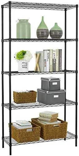 5 Shelf Wire Shelving Unit, Garage NSF Metal Shelf Organizer Large Storage Shelves Heavy Duty Height Adjustable Utility Commercial Grade Steel Layer Shelf Rack (1250 LBS Capacity) - 72x36x14 - Black