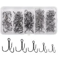 Black Treble Hooks Kit, 150pcs Sharp Treble Fishing Hooks Set High Carbon Steel Classic Round Bend Triple Fish Hooks Set for Catfish Saltwater Freshwater Size 4 6 8 10 12