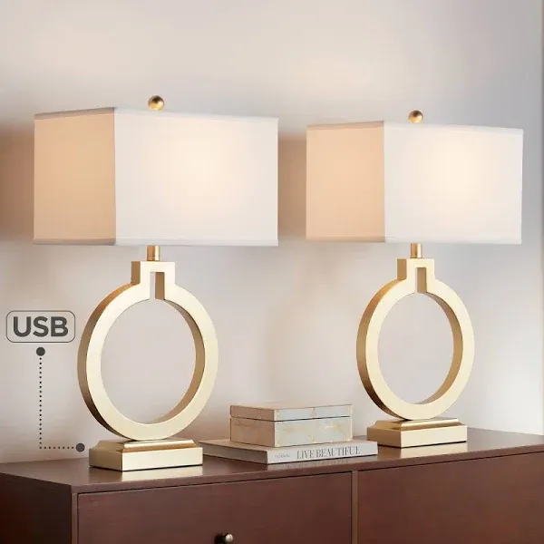 Modern Table Lamps 28 1/2&#034; Tall Set of 2 with USB Charging Port Brushed Gold Ope