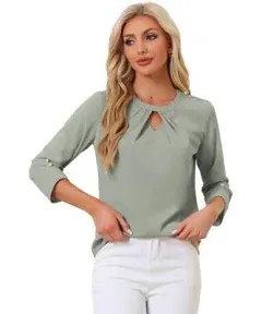 Office Keyhole Pleated Front Ruched 3/4 Sleeve Chiffon Blouse