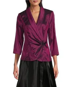 Alex Evenings Women's 34 Sleeve Collared V-Neck Taffeta Blouse