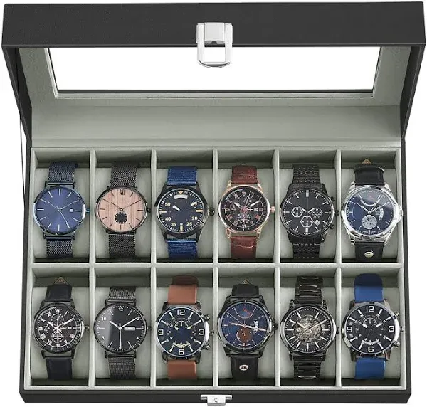 12-Slot Watch Box Case with Large Glass Lid Black Synthetic Leather