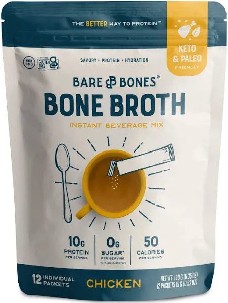 Bare Bones Bone Broth Instant Powdered Beverage Mix Ramen Pack of 8 15g Sticks 10g Protein Keto Paleo Friendly Nongmo