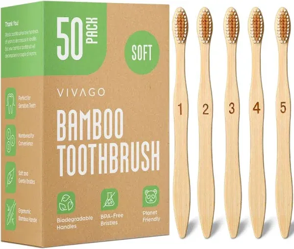 (50 Pack) VIVAGO Biodegradable Bamboo Toothbrushes Bulk Soft Bristles - Wooden & Natural Bamboo Bulk Toothbrush Individually Wrapped - Recyclable