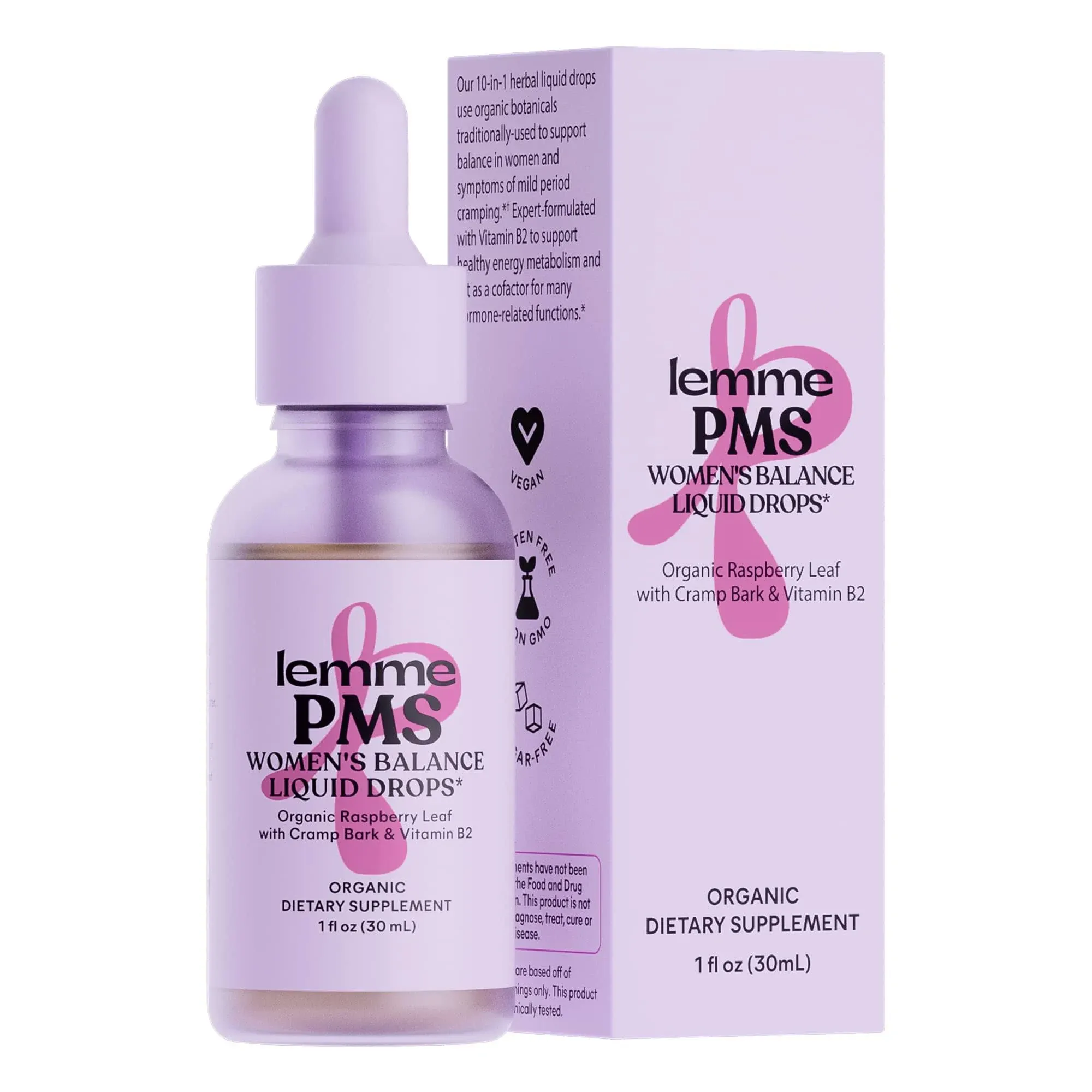 Lemme PMS Hormone Balance For Women Liquid Drops, PMS & Mild Period Cramping Relief, 10-in-1 Herbal Blend With Raspberry Leaf, Dong Quai, Cramp Bark,