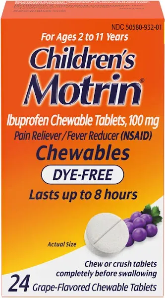 Children&#039;s Motrin Ibuprofen Chewable Tablets 100 mg, Grape Flavor, 24 Count