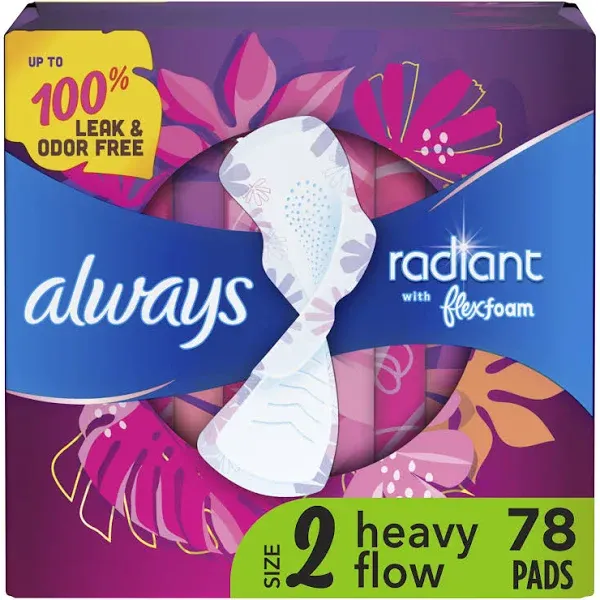 Always Radiant Flexfoam Pads For Women Heavy Flow Absorbency Leak & Odor Free Light Scented (26 ct)