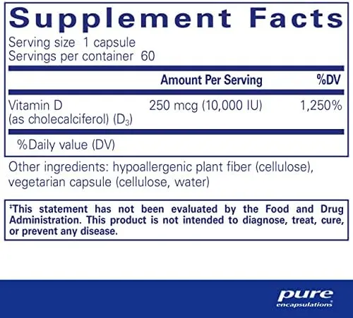 Pure Encapsulations, Vitamin D3  250 mcg 10,000 IU, 60 Capsules