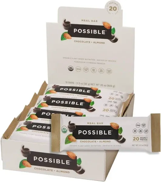 POSSIBLE Meal Bar - High Protein Energy Bars with 20g of Organic Plant-Based Protein - Vegan, Gluten-Free, Non-Dairy Bars - USDA Organic - Clean Label - 1 Box, 10 Bars - Chocolate Almond