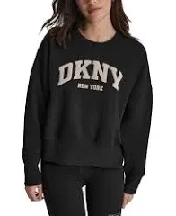 DKNY Women's Pullover Blouson Sleeve Varsity Puff Logo Fleece Sweatshirt