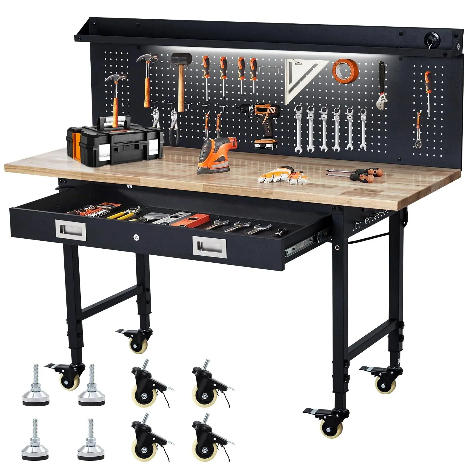 GARVEE 60"x 22" Adjustable Workbench + Drawer Storage + Heavy Duty + Rubber Wood Top + Removable Pegboard + Power Outlet + Hooks + Tool Storage + Garage, Warehouse, Workshop