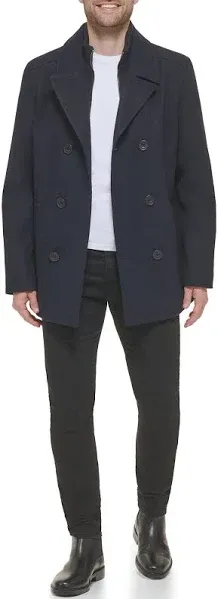 Kenneth Cole Men's Double Breasted Wool Blend Peacoat with Bib