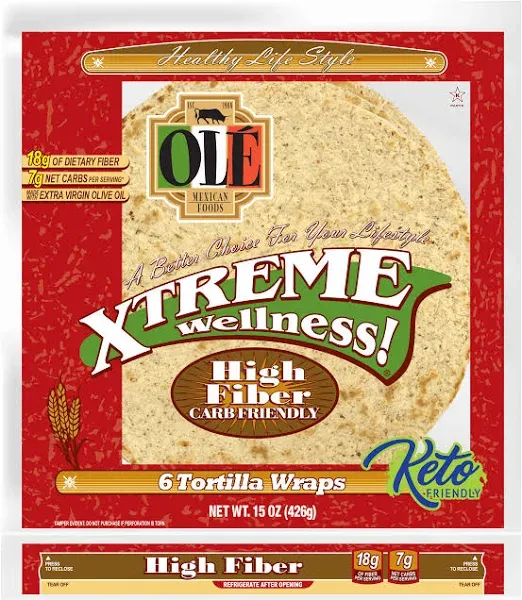 Olé Xtreme Wellness® High Fiber | 8" Size Flour Tortillas |Carb Friendly |Keto Certified | 12.7 oz.| 8 Count (Pack of 4)