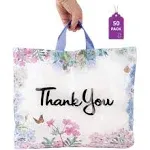 Purple Q Crafts Thank You Bags for Business 50 Pack 15" W x 12" H Floral Plastic Shopping Bags with Soft Loop Handle