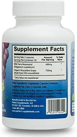 Perfect Supplements – Perfect ResGrape Resveratrol MAX – 60 Capsules – Trans-Resveratrol & Organic Muscadine Grapes – Promotes Anti-Aging