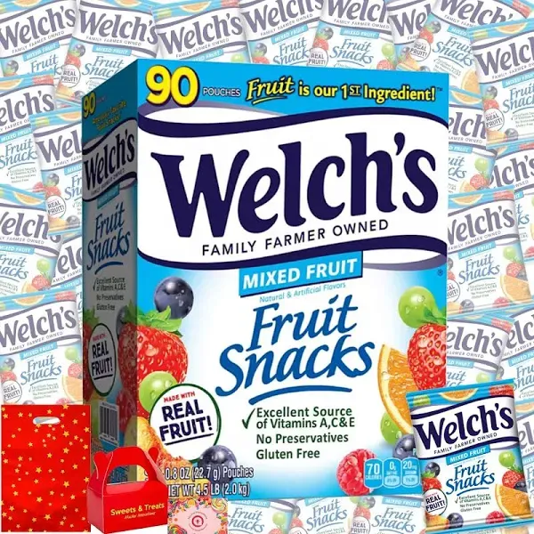 Fruit Snack Welch's Gummy Flavor | Individually Wrapped Assorted Healthy Snack Kids & Adults | Party Deco School Lunch Office Sharing Road Trip | Muchai Card & Bag Included (Original Mixed Fruit Pack 90 Pouch - 0.8 Oz)