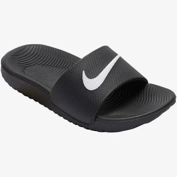 Nike Kawa Youth Womens Slides Sandals BLACK | White Swoosh Sz 5 7 37.5