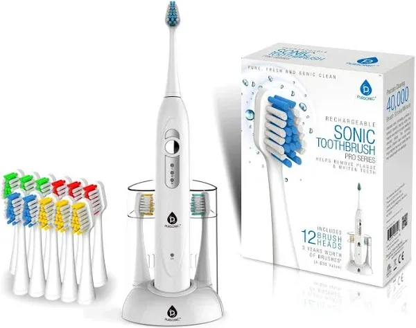 Pursonic Rechargeable S430 Sonic Toothbrush with Bonus Brush Heads White - 12ct