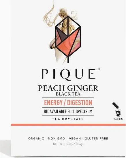 Pique Organic Peach Ginger Tea Crystals - Caffeinated Black Tea For Energy, Prebiotic Polyphenols Supports Healthy Digestion - 28 Single Servings (2 Pack)